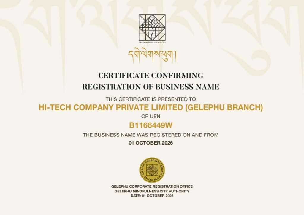 Hi-Tech Company Private Limited – Gelephu Branch Incorporation Certificate