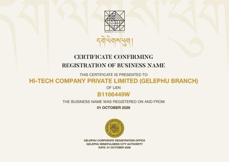 Hi-Tech Company Private Limited – Gelephu Branch Incorporation Certificate